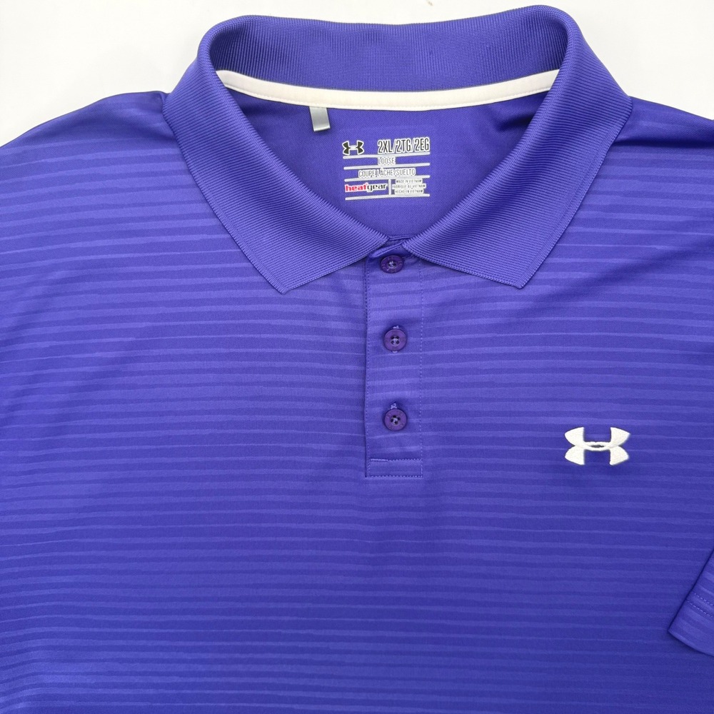 Under Armour Polo Shirt Men 2XL Purple HeatGear Loose Fit Striped Performance